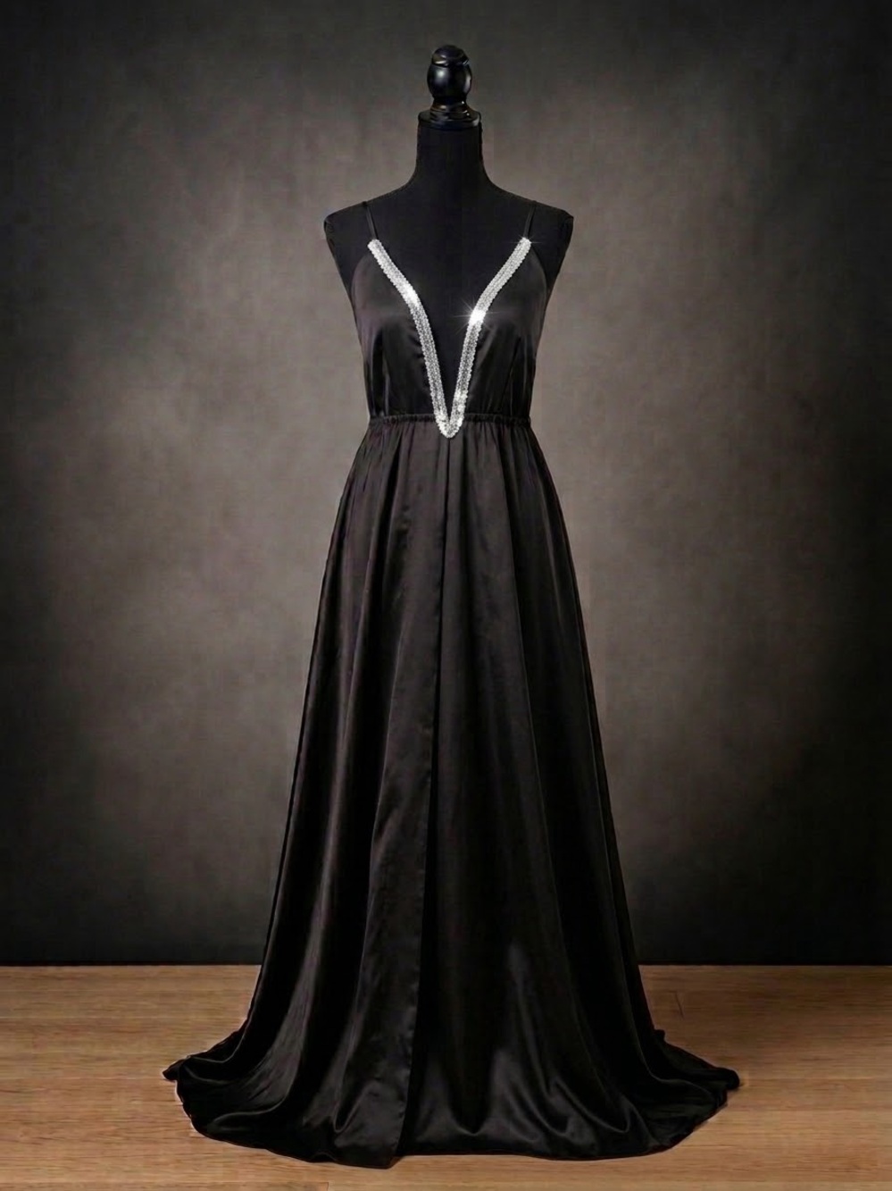 Elegant Black Evening Gown with Silver Trim